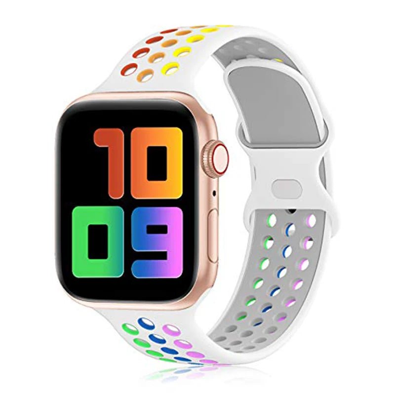 Apple Watch Modernes Sport Armband - 5 6 7 8 9 - 38 bis 45 mm, Silikon Apple Watch 5 6 7 8 9 Sport Luftlöcher ersatz armband neu trend schön online bestellen kaufen super silikon weiß regenbogen farbig Smartwatch Armband online kaufen günstig bestellen