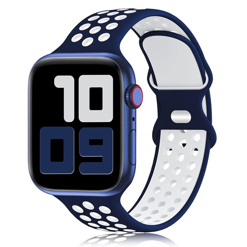 Apple Watch Modernes Sport Armband - 5 6 7 8 9 - 38 bis 45 mm, Silikon Apple Watch 5 6 7 8 9 Sport Luftlöcher ersatz armband neu trend schön online bestellen kaufen super silikon blau weiß Smartwatch Armband online kaufen günstig bestellen