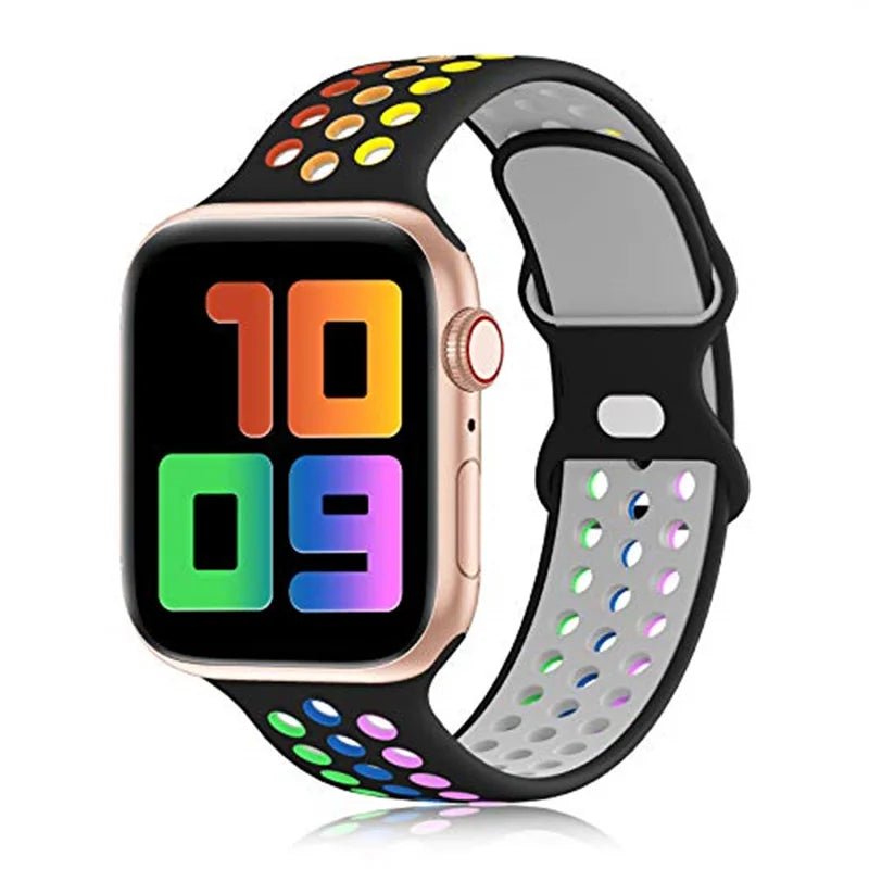 Apple Watch Modernes Sport Armband - 5 6 7 8 9 - 38 bis 45 mm, Silikon Apple Watch 5 6 7 8 9 Sport Luftlöcher ersatz armband neu trend schön online bestellen kaufen super silikon schwarz regenbogen farbig Smartwatch Armband online kaufen günstig bestellen