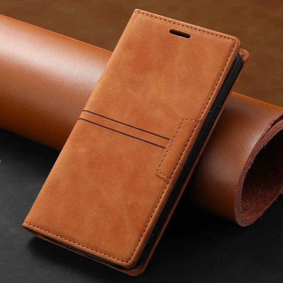 Galaxy A15/ A25/ A14 - TPU Lederoptik Brieftasche Flip Schutz Hülle mit Kartenfach Samsung Galaxy A15 A25 A14 Leder Schutz Hülle neu Trend Modern Günstig Bestellen Kaufen Leder Kartenfach Magsafe magnetisch Flip Case braun Handy Schutz Hülle online kaufen günstig bestellen