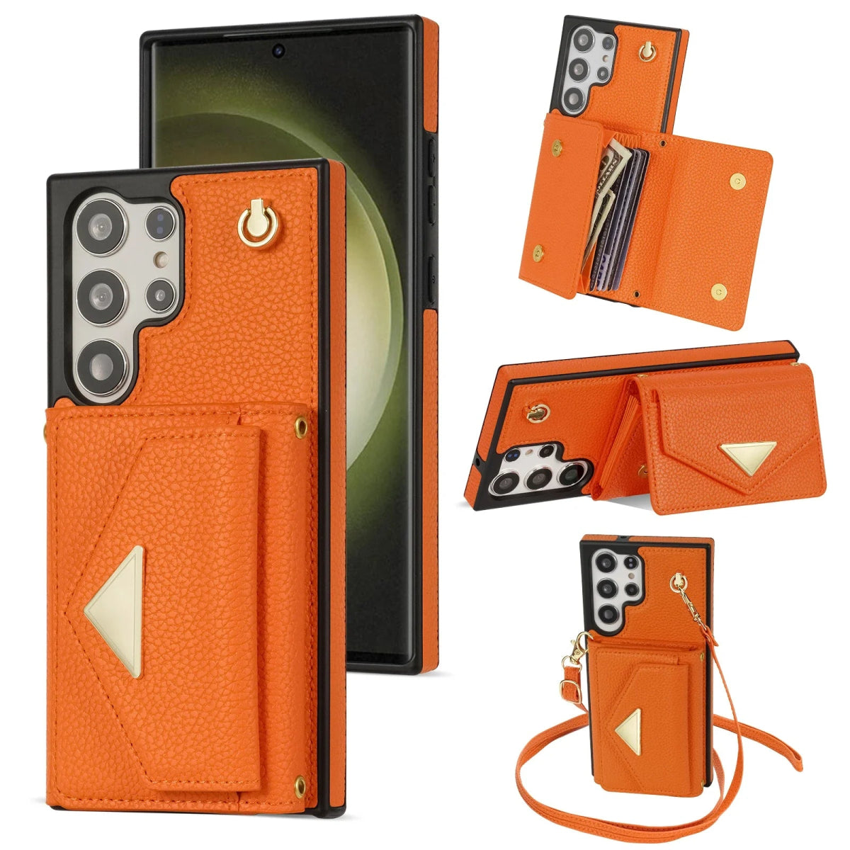 Galaxy S24/ S24 Plus/ S24 Ultra - Elegante Lederoptik Crossbody Schutz Hülle mit Band samsung Galaxy s24 plus ultra schutz crossbody kette band hülle case flip online neu kaufen bestellen portmonnaie kartenfach schön elegant modern trend orange Handy Schutz Hülle online kaufen günstig bestellen