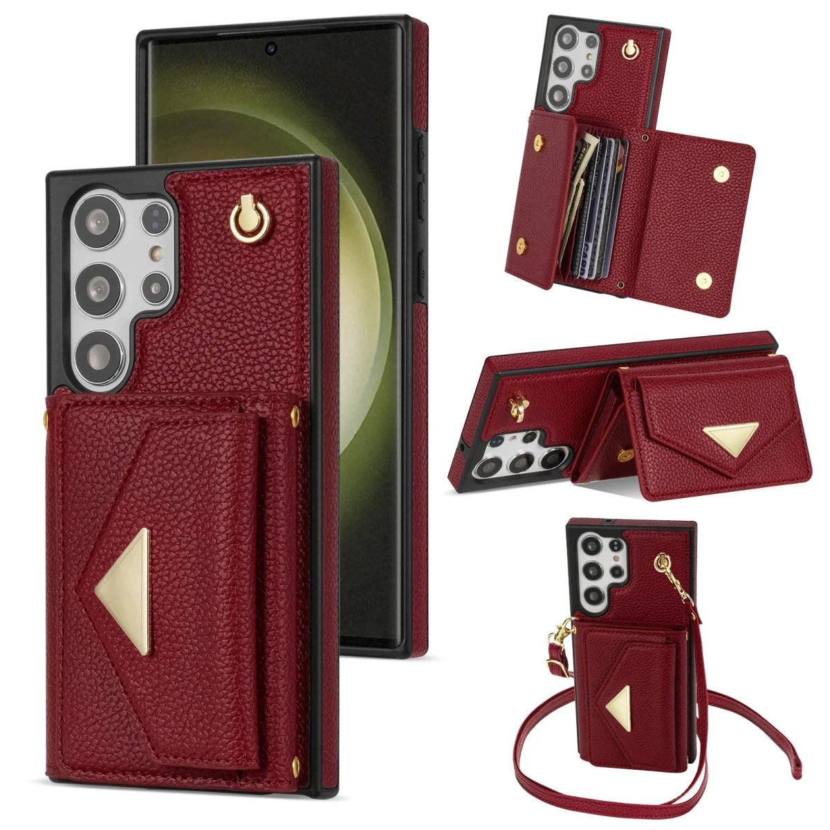 Galaxy S24/ S24 Plus/ S24 Ultra - Elegante Lederoptik Crossbody Schutz Hülle mit Band samsung Galaxy s24 plus ultra schutz crossbody kette band hülle case flip online neu kaufen bestellen portmonnaie kartenfach schön elegant modern trend rot Handy Schutz Hülle online kaufen günstig bestellen