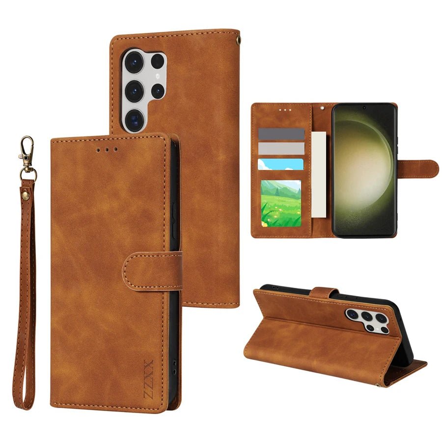 Galaxy S24/ S24 Plus/ S24 Ultra - Lederoptik Hülle Brieftasche Flip mit Kartenfach Samsung Galaxy S24 Plus Ultra Schutz Hülle neu Trend Modern Günstig Bestellen Kaufen Leder Kartenfach Magsafe magnetisch flip case cover schutz kaufen hell braun coffee Handy Schutz Hülle online kaufen günstig bestellen