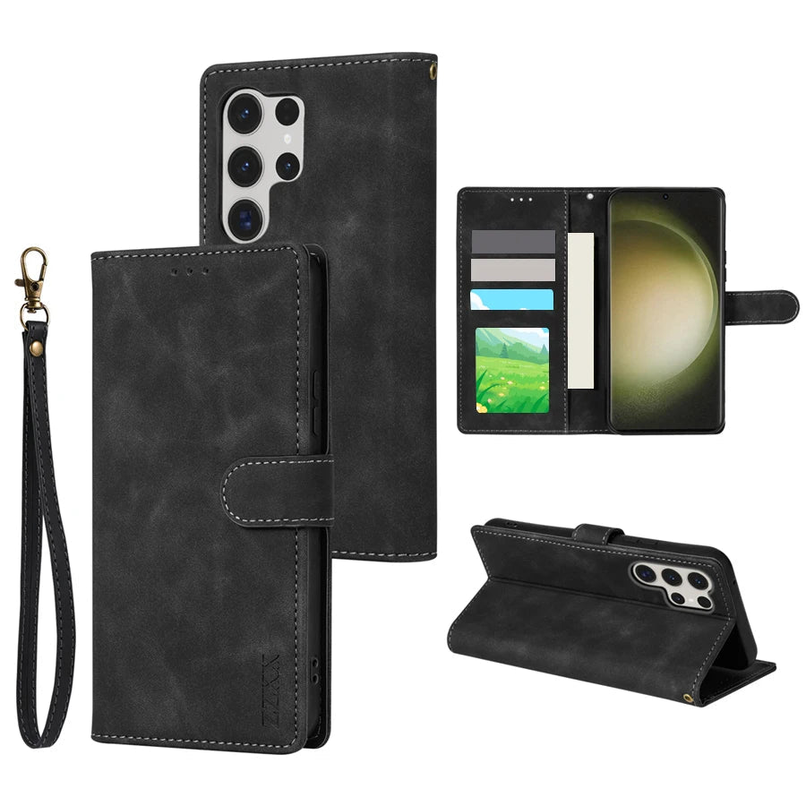 Galaxy S24/ S24 Plus/ S24 Ultra - Lederoptik Hülle Brieftasche Flip mit Kartenfach Samsung Galaxy S24 Plus Ultra Schutz Hülle neu Trend Modern Günstig Bestellen Kaufen Leder Kartenfach Magsafe magnetisch flip case cover schutz kaufen schwarz Handy Schutz Hülle online kaufen günstig bestellen