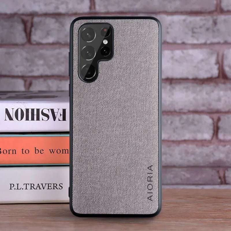 Galaxy S24/ S24 Plus/ S24 Ultra - Luxus Hülle mit Textil Schutz Bezug Samsung Galaxy S24 Plus Ultra Schutz Hülle neu Trend Modern Günstig Bestellen Magsafe magnetisch hell grau Handy Schutz Hülle online kaufen günstig bestellen