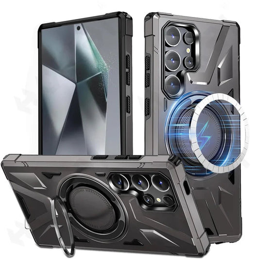 Galaxy S24/ S24 Plus/ S24 Ultra - Robuste MagSafe Schutz Bumper Hülle mit Ständer, Militär Stoßfest Galaxy S24 plus s24 Ultra Militärische Tarnung, Stoßfeste Schutzhülle mit Ständer bumper case stoßfest sicher robust bumper magsafe neu online günstig kaufen bestellen dunkel grau Handy Schutz Hülle online kaufen günstig bestellen