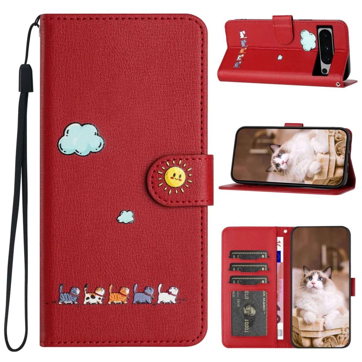 Google Pixel 7/ 7Pro/ 7 A/ 8/ 8 Pro - Katzen Flip Schutz Hülle mit Kartenfach - Brieftasche google pixel 7 a pro 8 pro leder schutz hülle katzen design cartoon online neu günstig kaufen bestellen schön rot katze für kinder Handy Schutz Hülle online kaufen günstig bestellen