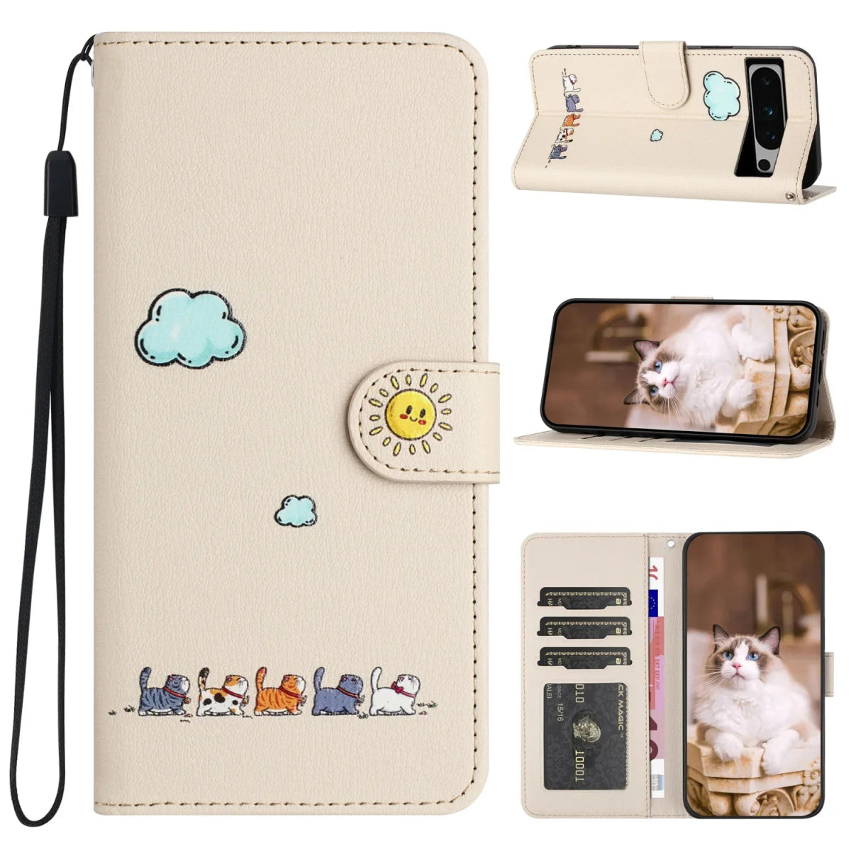 Google Pixel 7/ 7Pro/ 7 A/ 8/ 8 Pro - Katzen Flip Schutz Hülle mit Kartenfach - Brieftasche google pixel 7 a pro 8 pro leder schutz hülle katzen design cartoon online neu günstig kaufen bestellen schön hell braun beige katze für kinder Handy Schutz Hülle online kaufen günstig bestellen