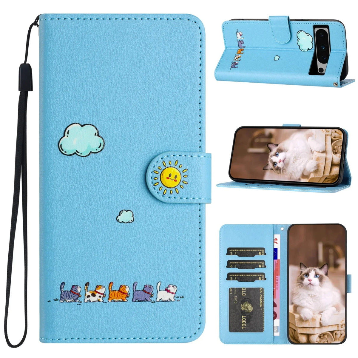 Google Pixel 7/ 7Pro/ 7 A/ 8/ 8 Pro - Katzen Flip Schutz Hülle mit Kartenfach - Brieftasche google pixel 7 a pro 8 pro leder schutz hülle katzen design cartoon online neu günstig kaufen bestellen schön hell blau katze für kinder Handy Schutz Hülle online kaufen günstig bestellen