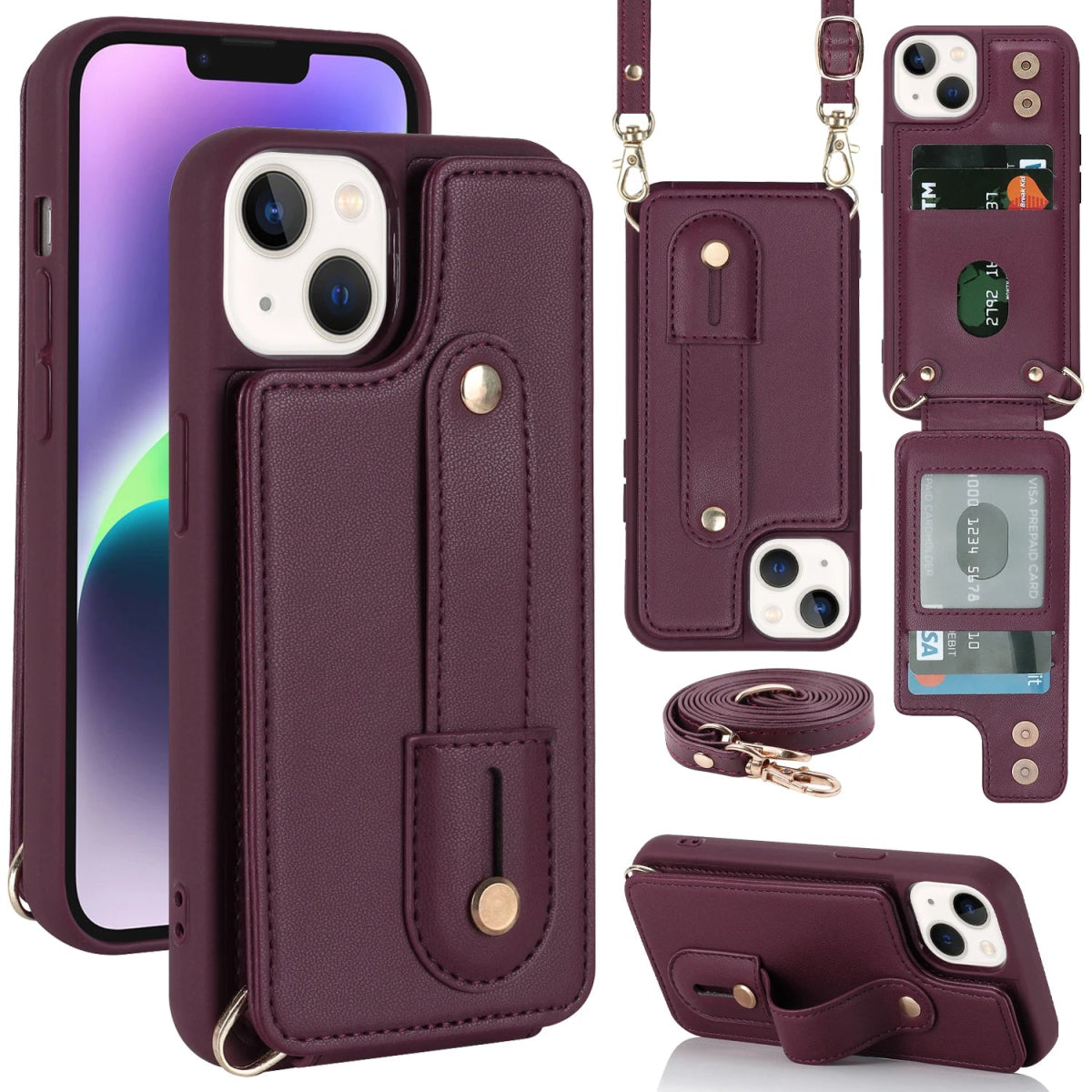 iPhone 14/ Pro/ Plus/ Pro Max - Cross Body Armband Hülle mit Halskette und Kartenfach Apple iphone 14 pro max 14 plus crossbody umhänge mit kette schutzhülle band kartenfach trend modern neu online kaufen bestellen leder cover case kette wein rot Handy Schutz Hülle online kaufen günstig bestellen