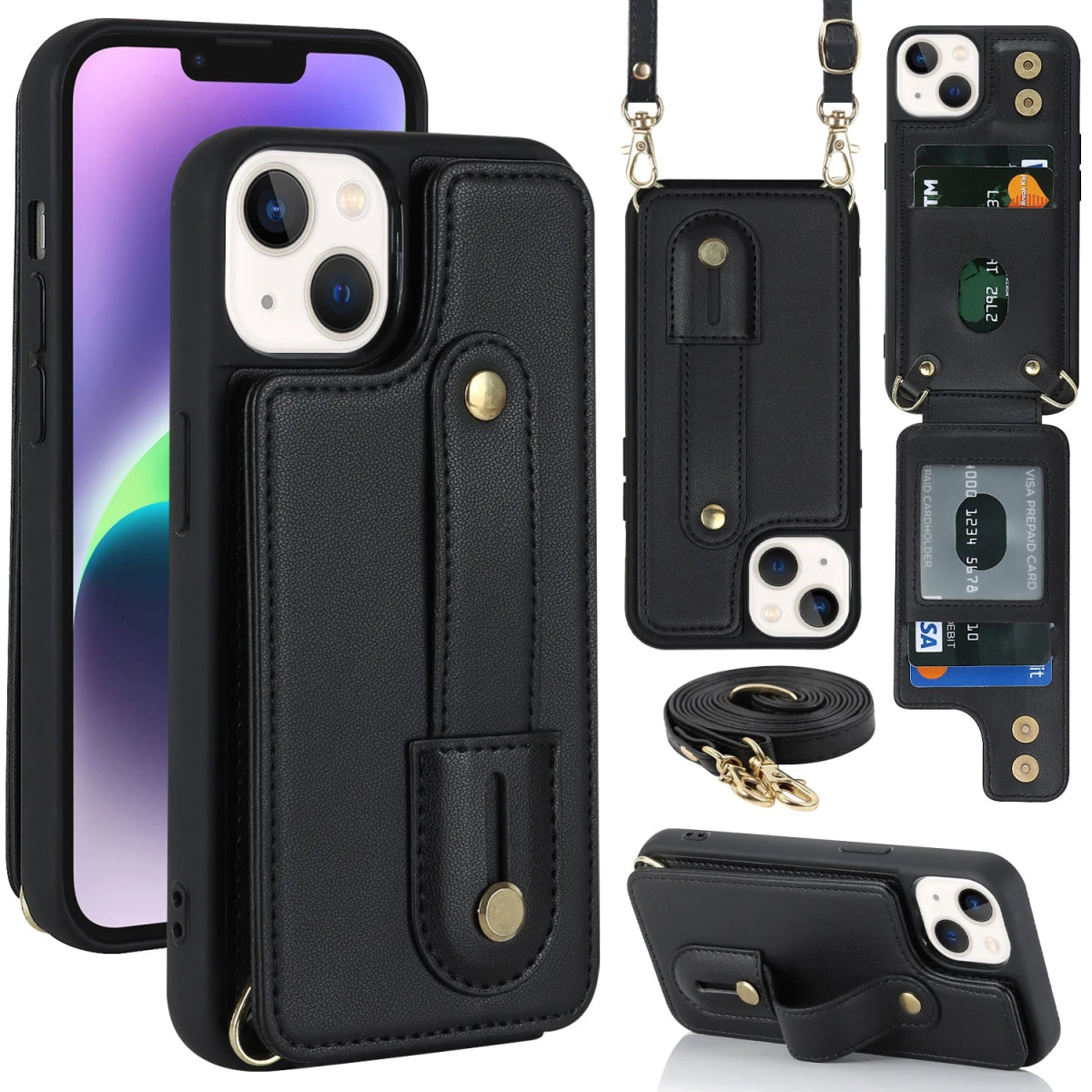 iPhone 14/ Pro/ Plus/ Pro Max - Cross Body Armband Hülle mit Halskette und Kartenfach Apple iphone 14 pro max 14 plus crossbody umhänge mit kette schutzhülle band kartenfach trend modern neu online kaufen bestellen leder cover case kette schwarz Handy Schutz Hülle online kaufen günstig bestellen