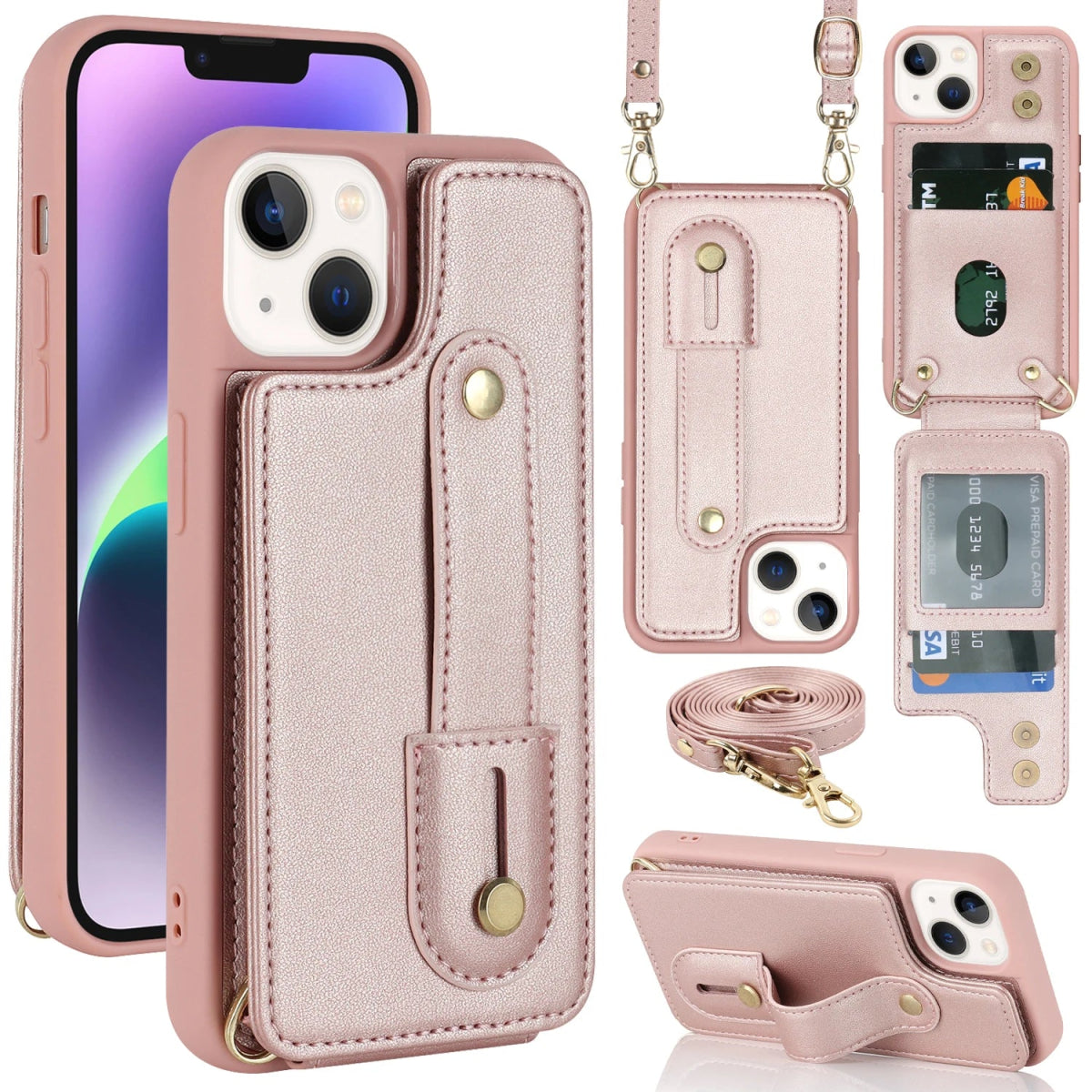 iPhone 14/ Pro/ Plus/ Pro Max - Cross Body Armband Hülle mit Halskette und Kartenfach Apple iphone 14 pro max 14 plus crossbody umhänge mit kette schutzhülle band kartenfach trend modern neu online kaufen bestellen leder cover case kette rosa rose pink Handy Schutz Hülle online kaufen günstig bestellen