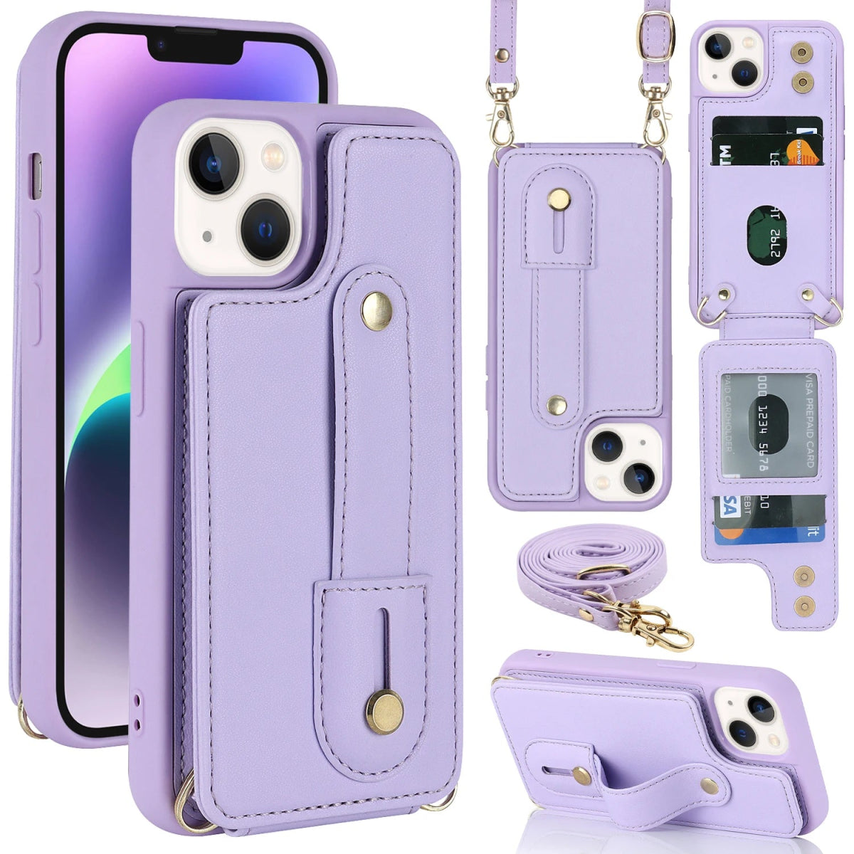 iPhone 14/ Pro/ Plus/ Pro Max - Cross Body Armband Hülle mit Halskette und Kartenfach Apple iphone 14 pro max 14 plus crossbody umhänge mit kette schutzhülle band kartenfach trend modern neu online kaufen bestellen leder cover case kette lila violett Handy Schutz Hülle online kaufen günstig bestellen