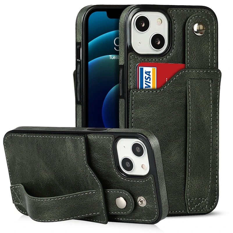 iPhone 14/ Pro/ Plus/ Pro Max - Elegante Schutz Hülle mit Armband und Kartenfach Apple iphone 14 pro max 14 plus elegante trend schutz handy hülle band kartenfach trend modern neu online kaufen bestellen leder cover case dunkel grau grün Handy Schutz Hülle online kaufen günstig bestellen