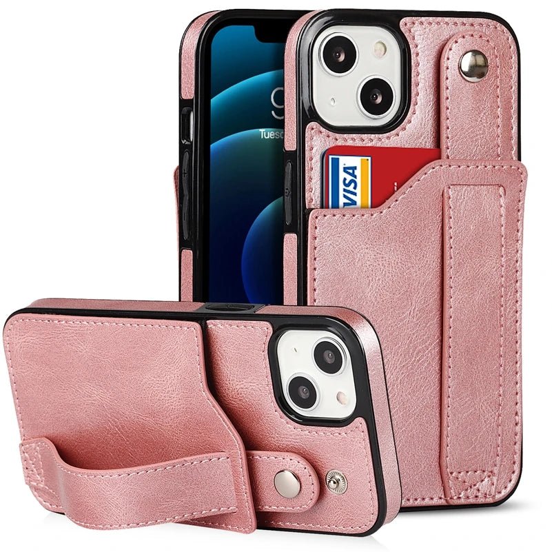 iPhone 14/ Pro/ Plus/ Pro Max - Elegante Schutz Hülle mit Armband und Kartenfach Apple iphone 14 pro max 14 plus elegante trend schutz handy hülle band kartenfach trend modern neu online kaufen bestellen leder cover case rosa rose pink Handy Schutz Hülle online kaufen günstig bestellen
