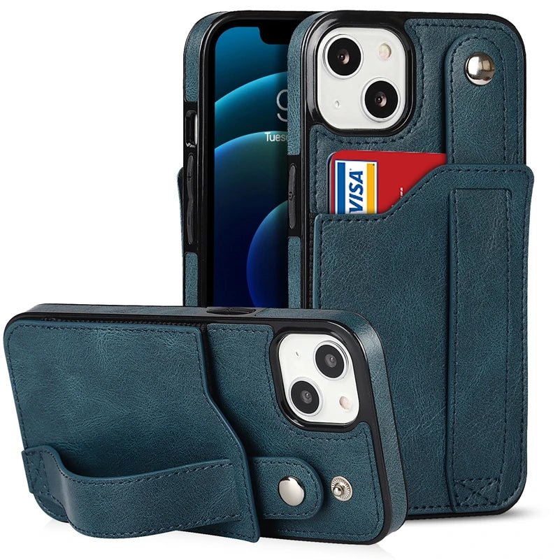 iPhone 14/ Pro/ Plus/ Pro Max - Elegante Schutz Hülle mit Armband und Kartenfach Apple iphone 14 pro max 14 plus elegante trend schutz handy hülle band kartenfach trend modern neu online kaufen bestellen leder cover case dunkel blau Handy Schutz Hülle online kaufen günstig bestellen