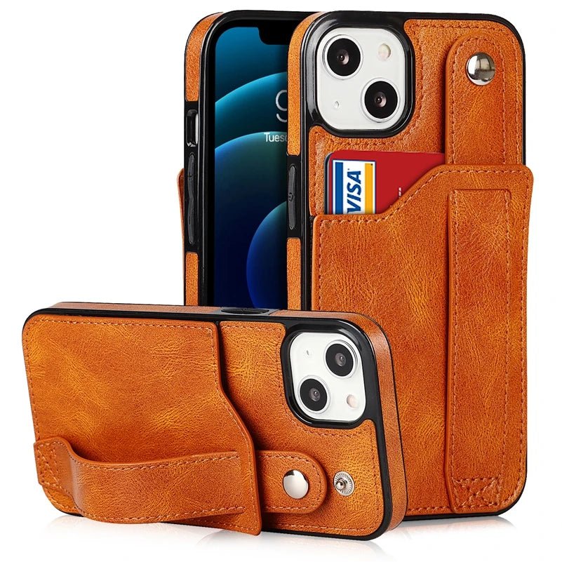 iPhone 14/ Pro/ Plus/ Pro Max - Elegante Schutz Hülle mit Armband und Kartenfach Apple iphone 14 pro max 14 plus elegante trend schutz handy hülle band kartenfach trend modern neu online kaufen bestellen leder cover case orange braun Handy Schutz Hülle online kaufen günstig bestellen