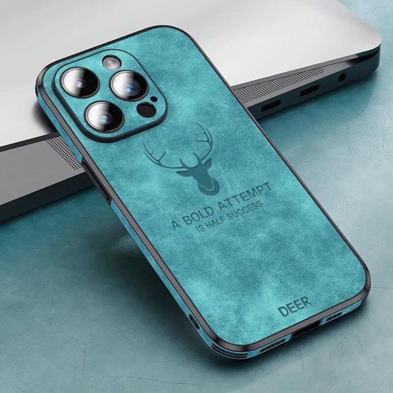 iPhone 14/ Pro/ Plus/ Pro Max - Hirsch Lederoptik Handy Hülle mit Linsen Schutz Stoßfeste Silikon iphone 13 14 15 pro plus schutz hülle leder modern stylisch neu günstig kaufen bestellen stoßfest schön super luxus bumber schutz display türkis cayan online kaufen günstig bestellen