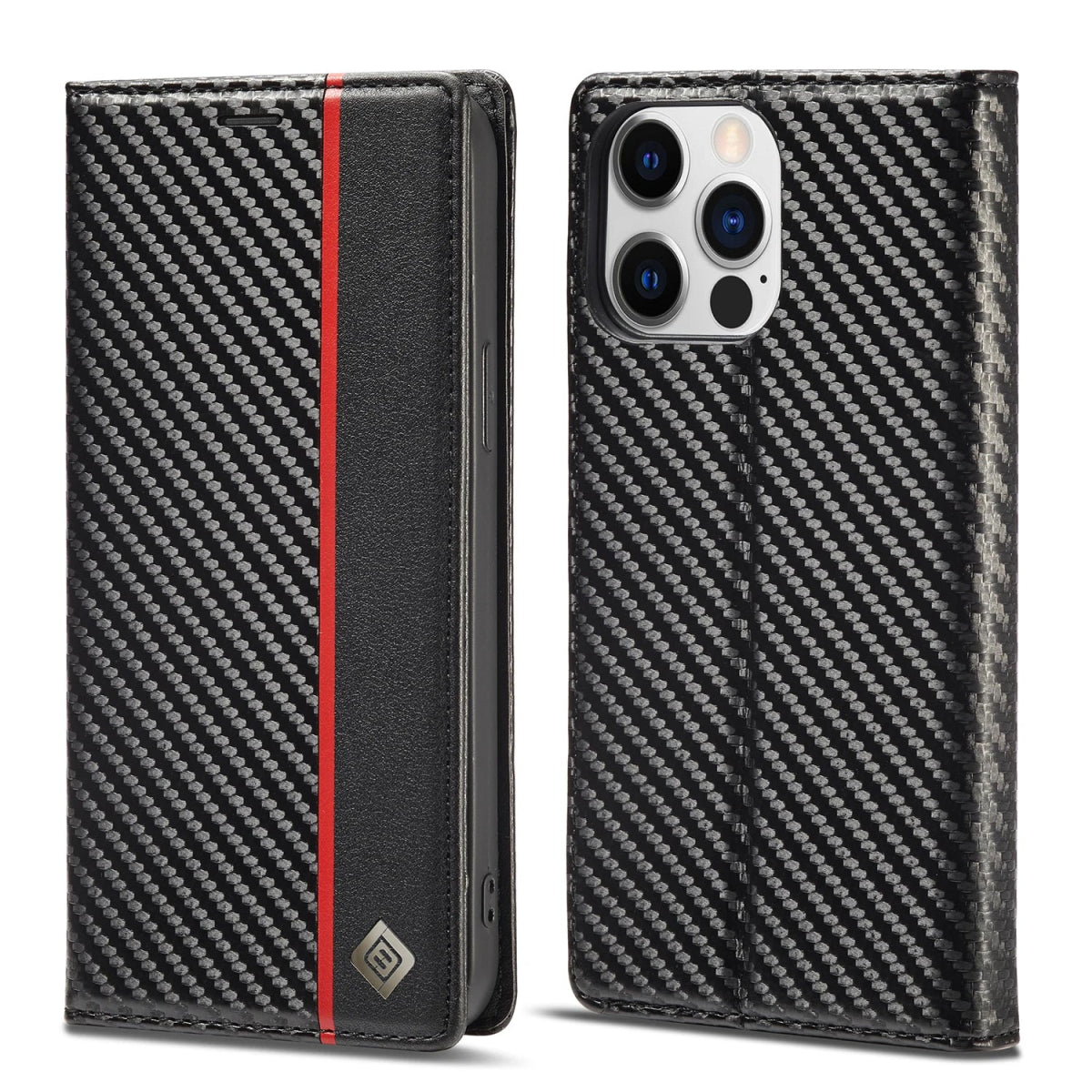 iPhone 14/ Pro/ Plus/ Pro Max - Kohlefaser Flip Lederoptik Hülle mit Magnetischer Abdeckung und Kartenfach 47283894026582|47283894059350|47283894092118|47283894124886 Handy Hülle online kaufen günstig bestellen