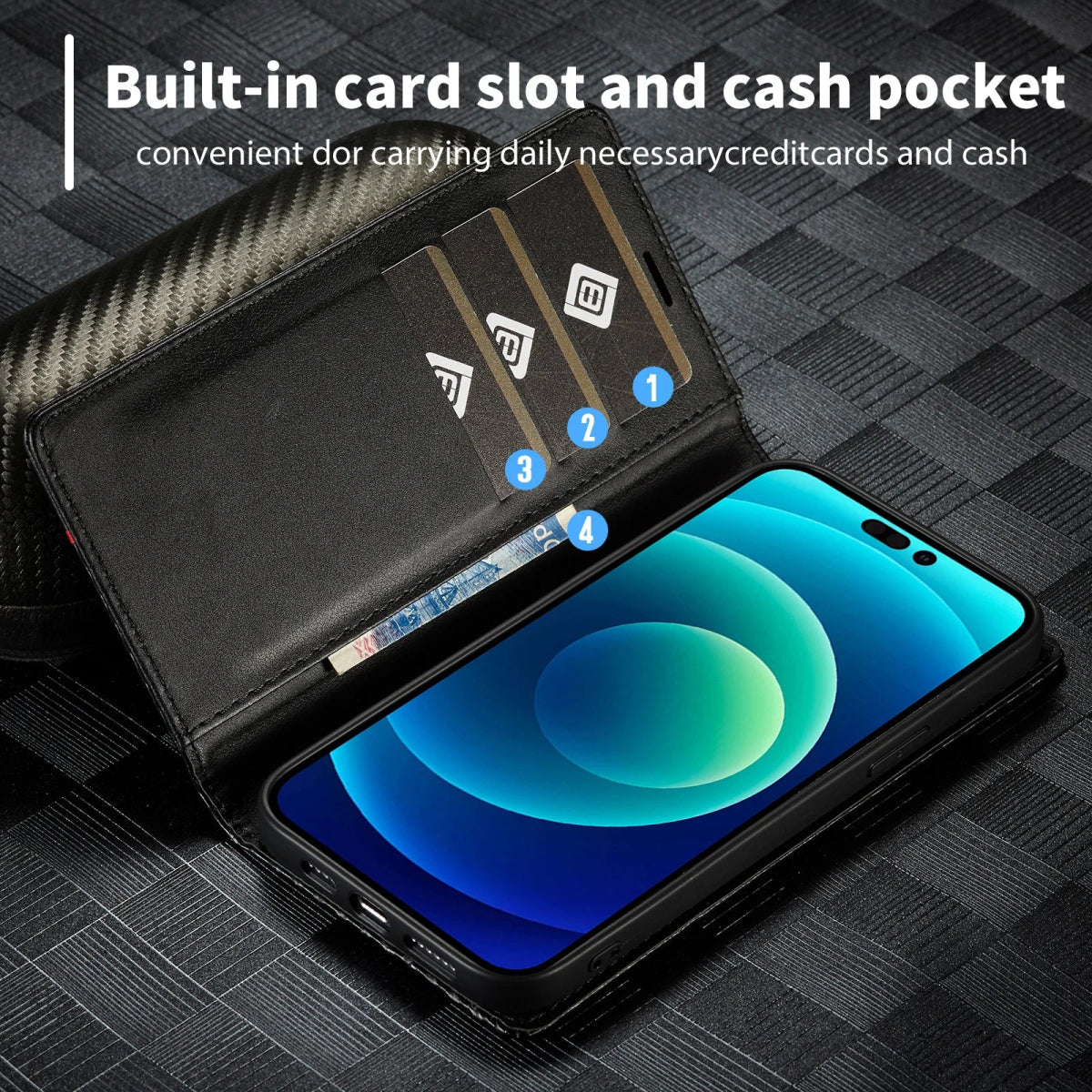 iPhone 14/ Pro/ Plus/ Pro Max - Kohlefaser Flip Lederoptik Hülle mit Magnetischer Abdeckung und Kartenfach Handy Hülle online kaufen günstig bestellen