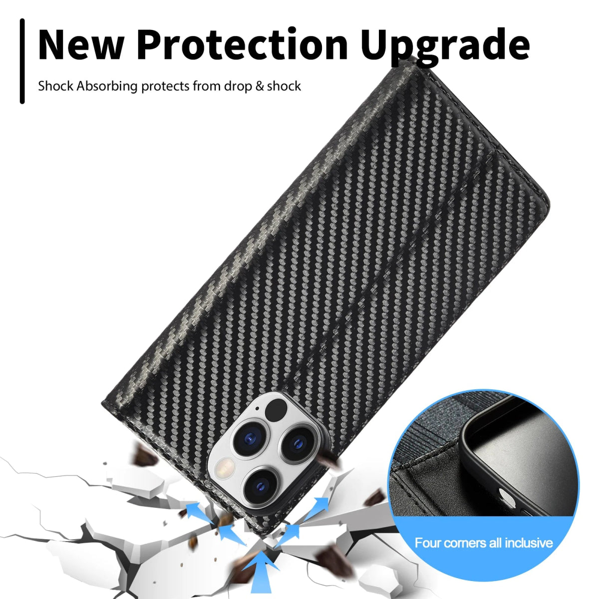 iPhone 14/ Pro/ Plus/ Pro Max - Kohlefaser Flip Lederoptik Hülle mit Magnetischer Abdeckung und Kartenfach Handy Hülle online kaufen günstig bestellen