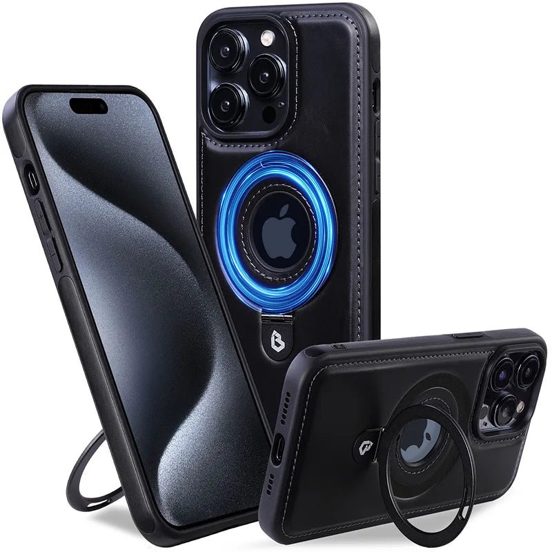 iPhone 14/ Pro/ Plus/ Pro Max - MagSafe Lederoptik Magnetische Schutz Hülle mit Ring Apple iphone 14 pro max plus magsafe leder schutz hülle case cover neu günstig online kaufen bestellen trend business modern magnetisch mit ring schwarz Handy Schutz Hülle online kaufen günstig bestellen