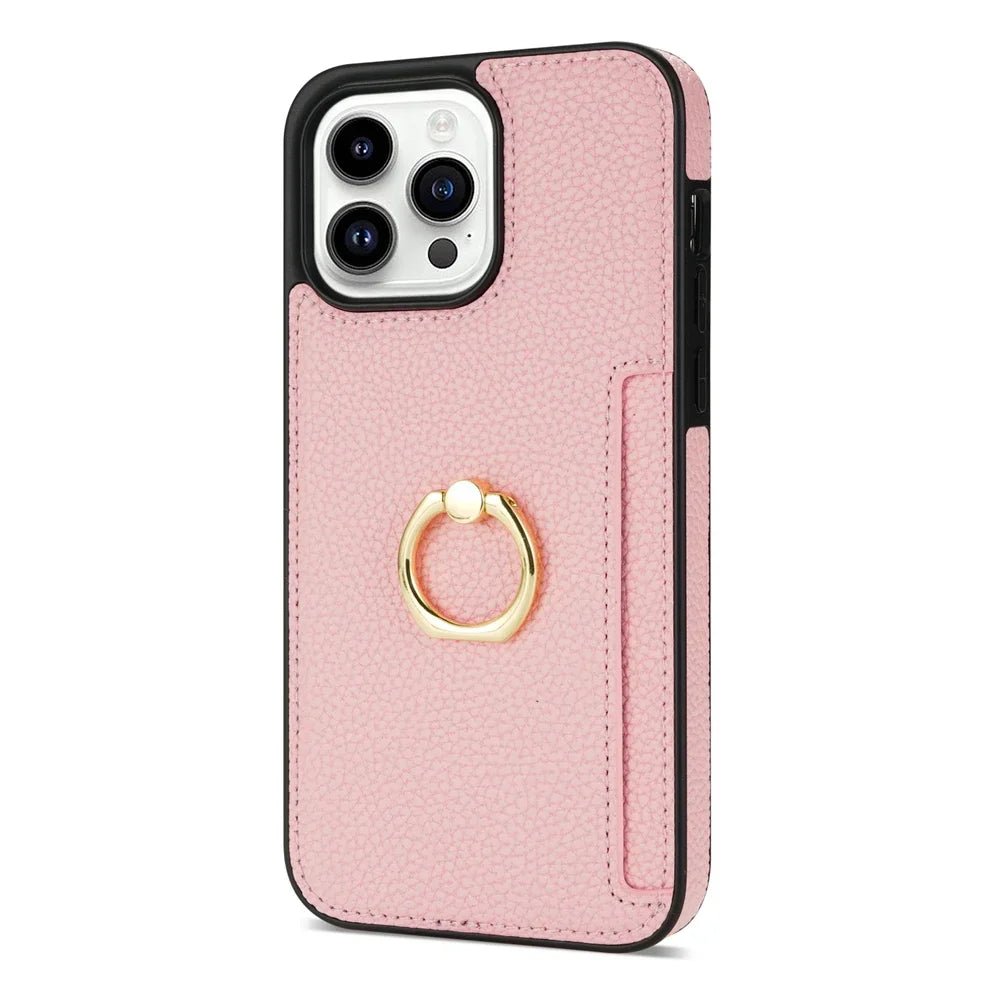 iPhone 14/ Pro/ Pro Max - Schutz Hülle mit Ring Halter und Kartenfach iphone 14 pro max schutz hülle leder modern stylisch neu günstig kaufen bestellen stoßfest schön super luxus bumber schutz display wasserfest waschbar kratzfest kartenfach rosa rose pink Handy Schutz Hülle online kaufen günstig bestellen