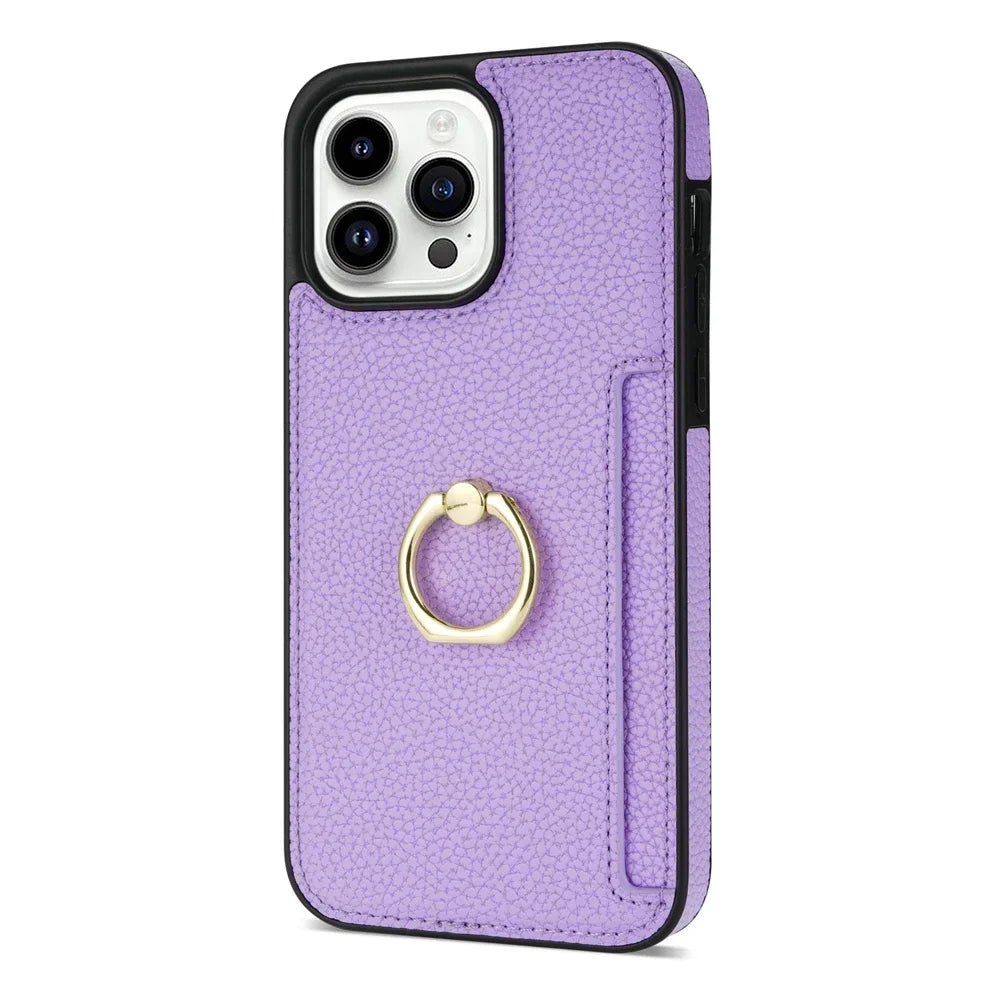 iPhone 14/ Pro/ Pro Max - Schutz Hülle mit Ring Halter und Kartenfach iphone 14 pro max schutz hülle leder modern stylisch neu günstig kaufen bestellen stoßfest schön super luxus bumber schutz display wasserfest waschbar kratzfest kartenfach lila violett Handy Schutz Hülle online kaufen günstig bestellen