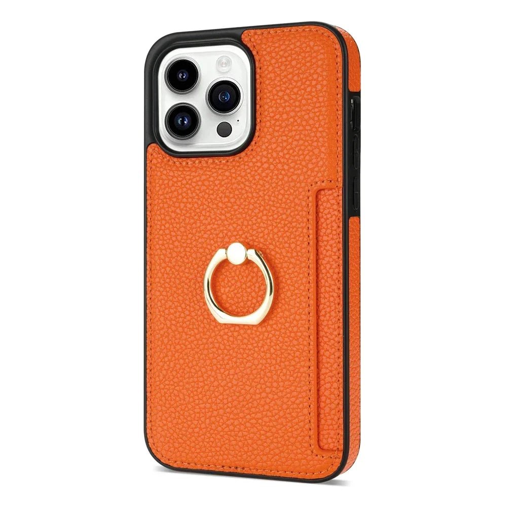 iPhone 14/ Pro/ Pro Max - Schutz Hülle mit Ring Halter und Kartenfach iphone 14 pro max schutz hülle leder modern stylisch neu günstig kaufen bestellen stoßfest schön super luxus bumber schutz display wasserfest waschbar kratzfest kartenfach orange Handy Schutz Hülle online kaufen günstig bestellen