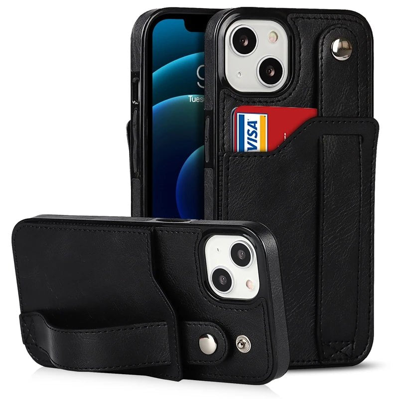 iPhone 15/ Pro/ Plus/ Pro Max - Elegante Schutz Hülle mit Armband und Kartenfach Apple iphone 15 pro max 15 plus elegante trend schutz handy hülle band kartenfach trend modern neu online kaufen bestellen leder cover case schwarz Handy Schutz Hülle online kaufen günstig bestellen