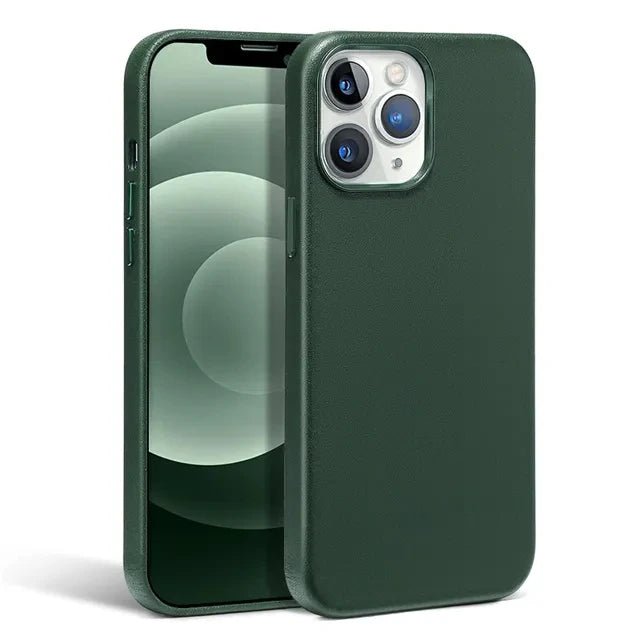 iPhone 15/ Pro/ Plus/ Pro Max - Lederoptik Hülle MagSafe, Stoßfest Bumper Apple iPhone 15 pro max 15 plus leder schutz hülle magsafe neu online günstig kauefen bestellen case flip magnetisch cover luxus modern dunkel grün Handy Schutz Hülle online kaufen günstig bestellen