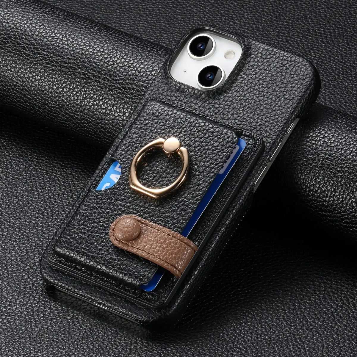 iPhone 15/ Pro/ Plus/ Pro Max - Lederoptik Schutz Hülle Kartenfach und Ring apple iphone 15 pro max plus leder schutz hülle neu online günstig kaufen bestellen case flip cover portmonnaie kartenfach mit ring schwarz Handy Schutz Hülle online kaufen günstig bestellen