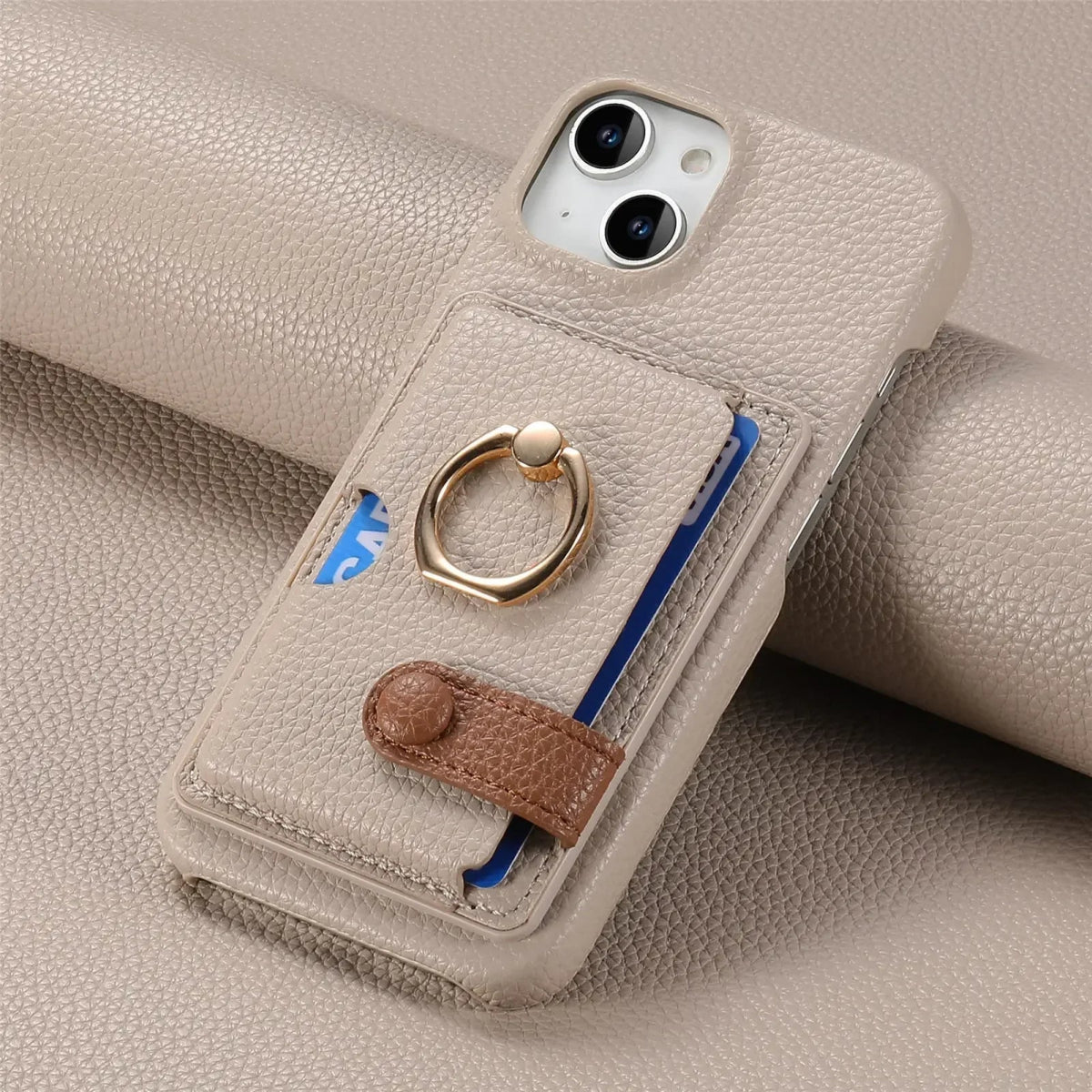 iPhone 15/ Pro/ Plus/ Pro Max - Lederoptik Schutz Hülle Kartenfach und Ring apple iphone 15 pro max plus leder schutz hülle neu online günstig kaufen bestellen case flip cover portmonnaie kartenfach mit ring hell coffee braun khaki Handy Schutz Hülle online kaufen günstig bestellen