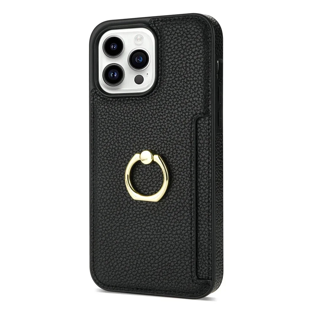 iPhone 15/ Pro/ Plus/ Pro Max - Schutz Hülle mit Ring Halter und Kartenfach iphone 15 pro max plus schutz hülle leder modern stylisch neu günstig kaufen bestellen stoßfest schön super luxus bumber schutz display wasserfest waschbar kratzfest kartenfach schwarz Handy Schutz Hülle online kaufen günstig bestellen