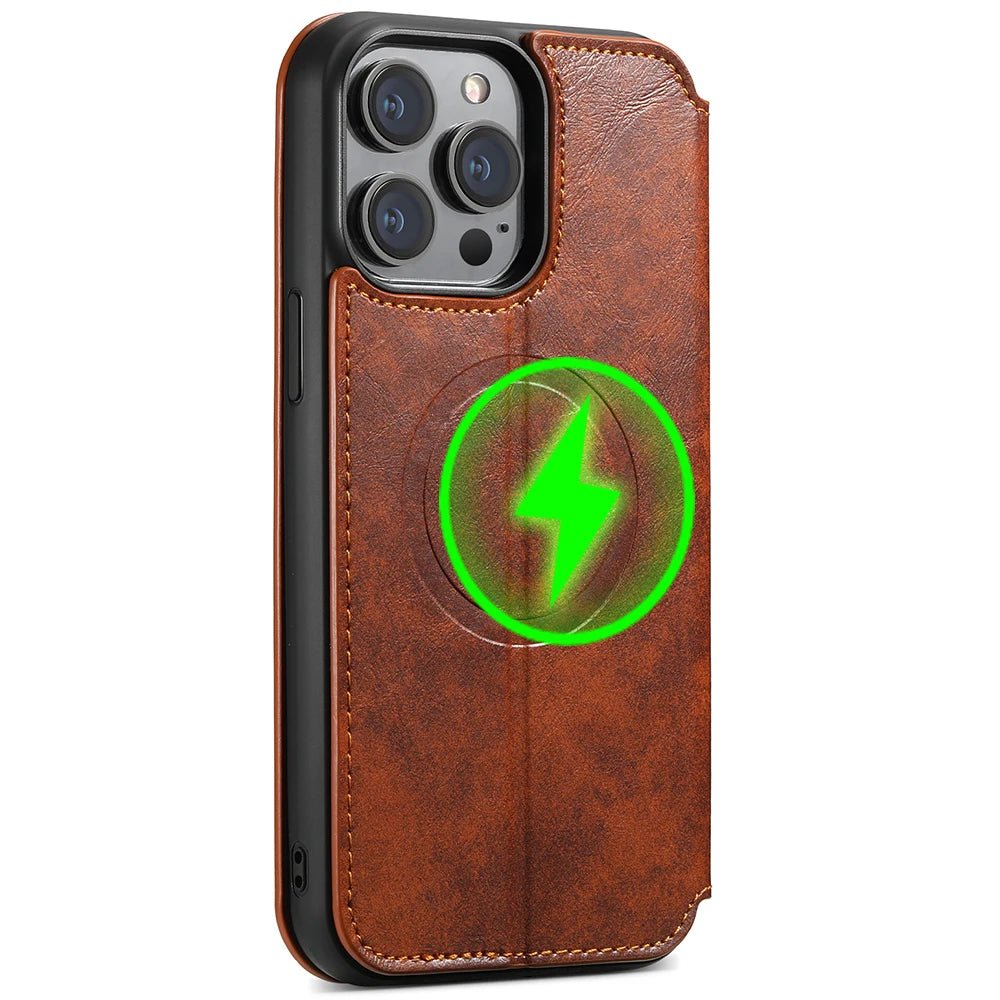 iPhone 16/ Pro/ Plus/ Pro Max - Moderne Business MagSafe Schutz Hülle mit Kartenfach iPhone 16/ Pro/ Plus/ Pro Max - Portemonnaie Leder Hülle mit Kartenfach und Kameraschutz Handy Hülle moderne hülle online günstig kaufen bestellen panzerun super stabil schön magsafe magnetisch braun Handy Hülle online kaufen günstig bestellen