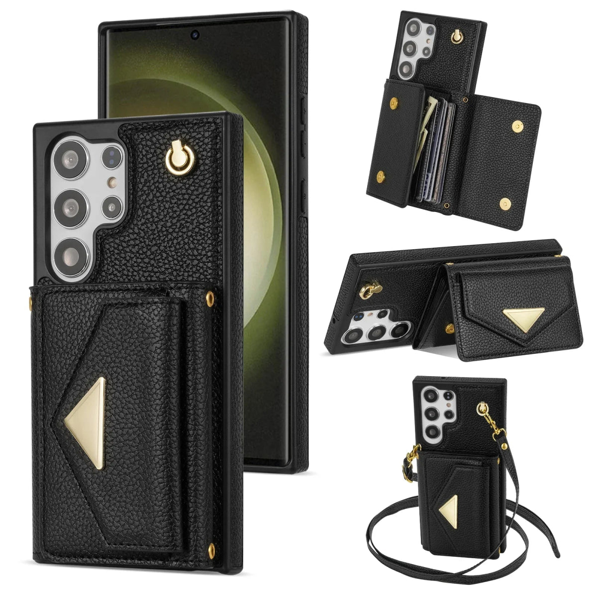 Samsung Galaxy S23/ S23 Plus/ S23 Ultra - Elegante Lederoptik Crossbody Schutz Hülle mit Band samsung Galaxy s24 plus ultra schutz crossbody kette band hülle case flip online neu kaufen bestellen portmonnaie kartenfach schön elegant modern trend schwarz Handy Schutz Hülle online kaufen günstig bestellen