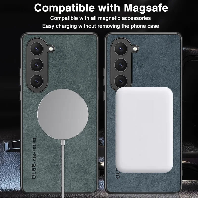 Samsung Galaxy S24 / S24 Plus/ S24 Ultra - MagSafe Lederoptik Schutz Hülle, Kabellose Ladung, Soft Samsung Galaxy S24 Plus Ultra Schutz Hülle neu Trend Modern Günstig Bestellen Kaufen Leder Kartenfach Magsafe magnetisch flip case cover schutz kaufen Handy Schutz Hülle online kaufen günstig bestellen