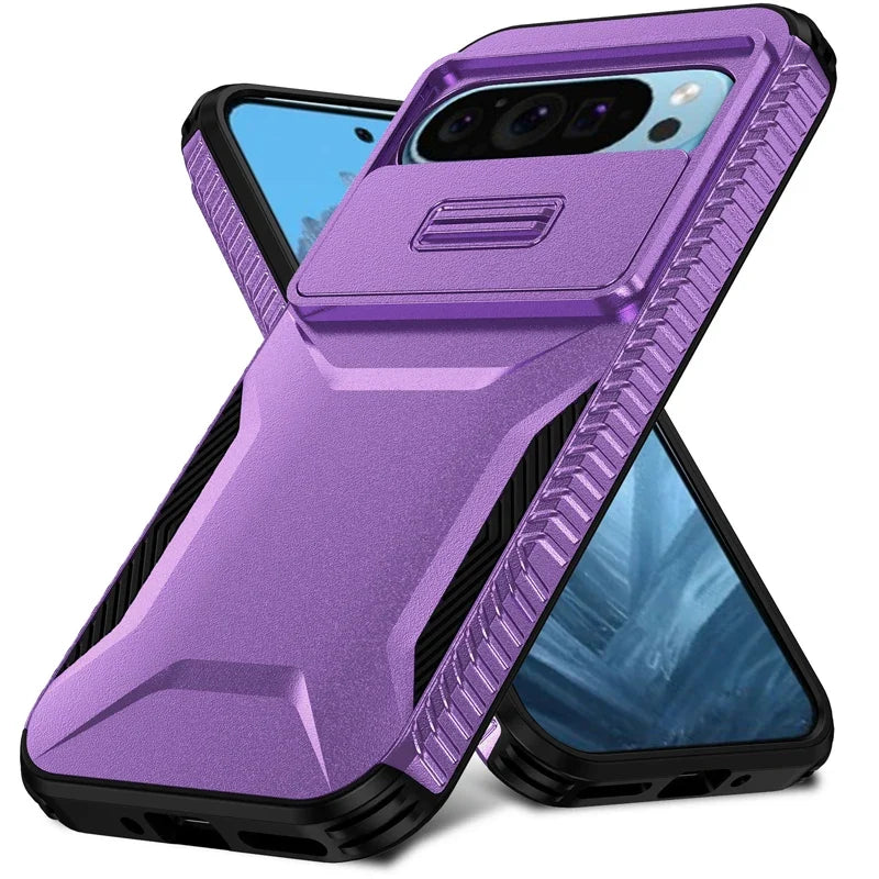 Google Pixel 9 / A / Pro / Pro XL – Stoßfeste Outdoor-Hülle mit Kamera-Schiebeabdeckung – Farbe Lila
