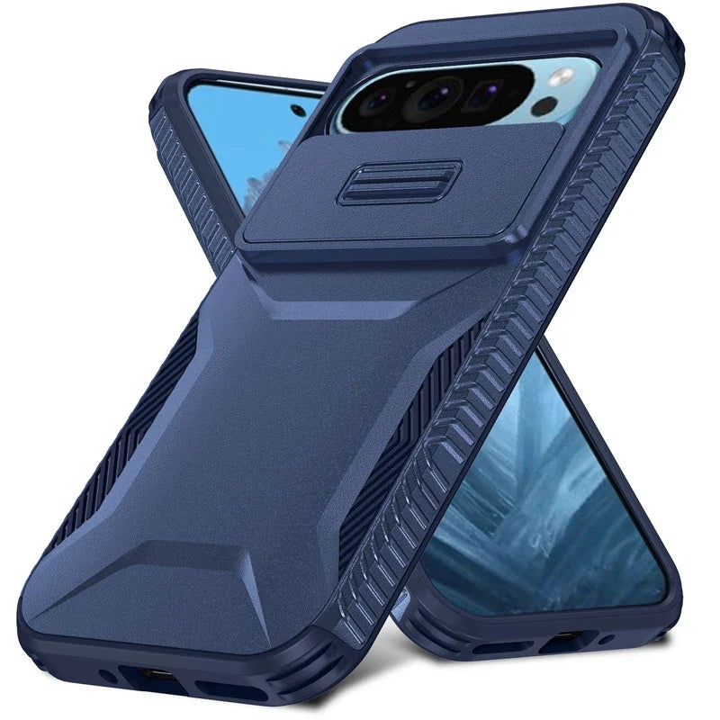 Google Pixel 8 / A / Pro – Stoßfeste Outdoor-Hülle mit Kamera-Schiebeabdeckung – Farbe Blau