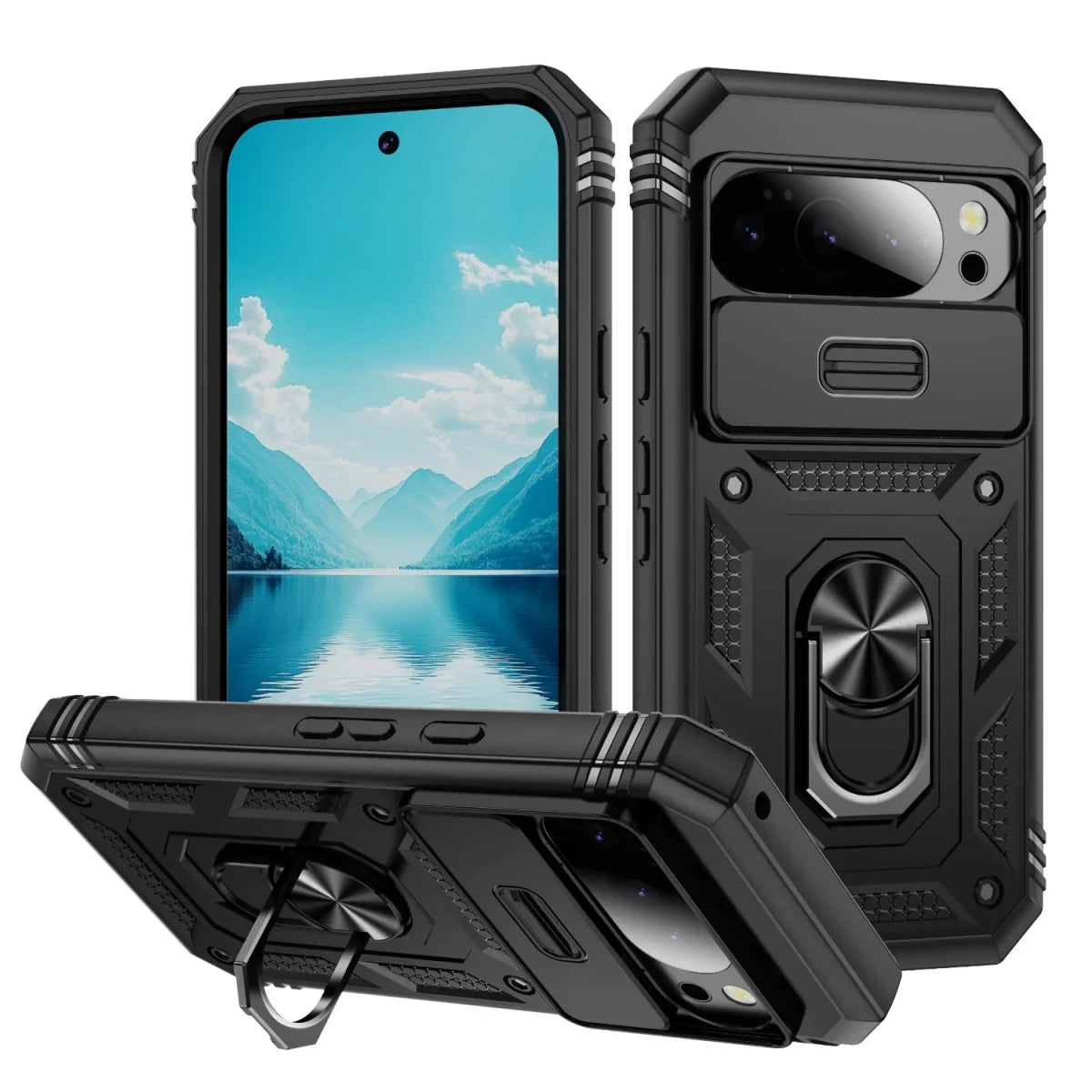 Google Pixel 8 / A / Pro – Stoßfeste Outdoor-Hülle mit Kamera-Schiebeabdeckung und Standfunktion Google Pixel 8 / A / Pro – Stoßfeste Hülle mit Kamera-Schiebeabdeckung – Farbe Schwarz