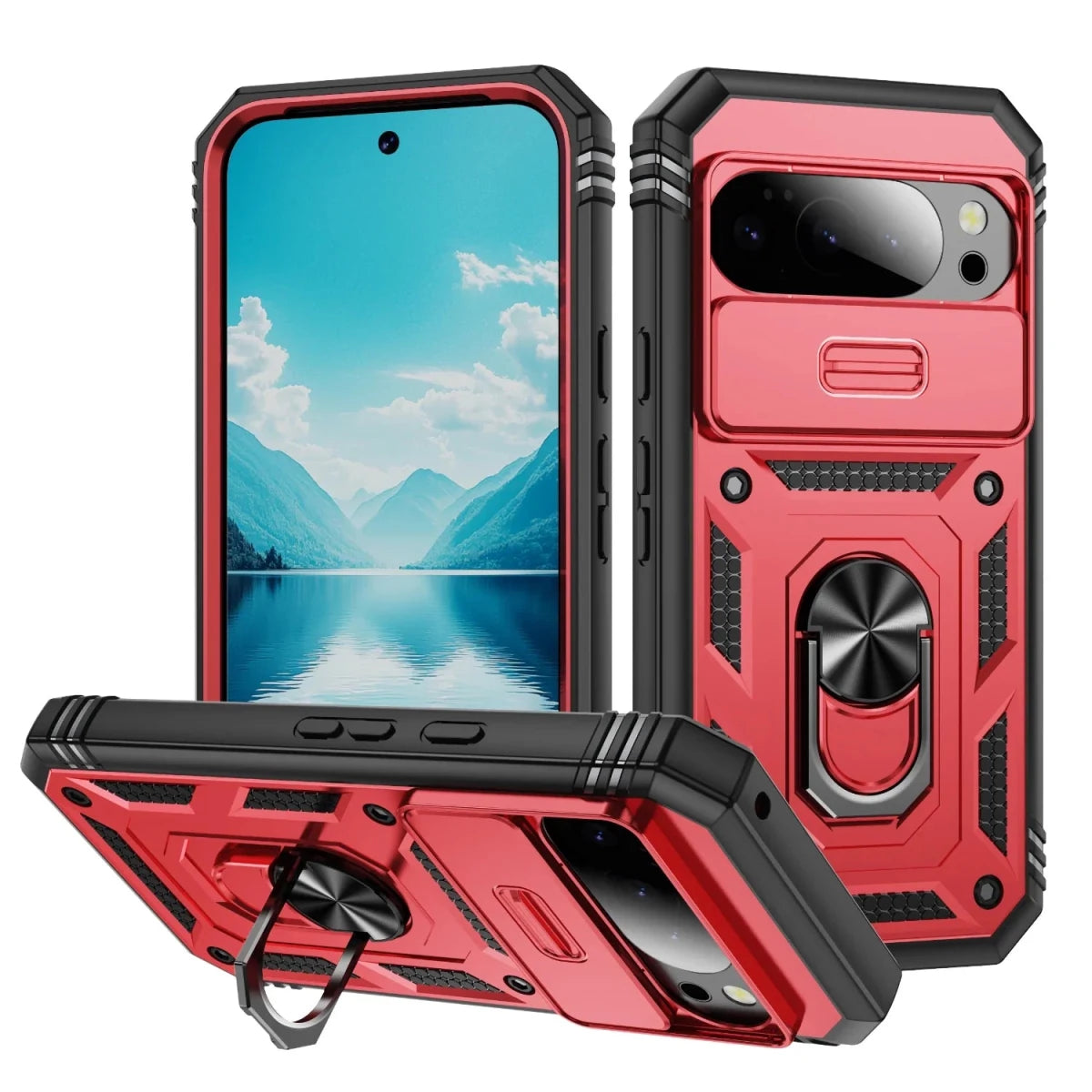 Google Pixel 8 / A / Pro – Stoßfeste Outdoor-Hülle mit Kamera-Schiebeabdeckung und Standfunktion Google Pixel 8 / A / Pro – Stoßfeste Hülle mit Kamera-Schiebeabdeckung – Farbe Rot