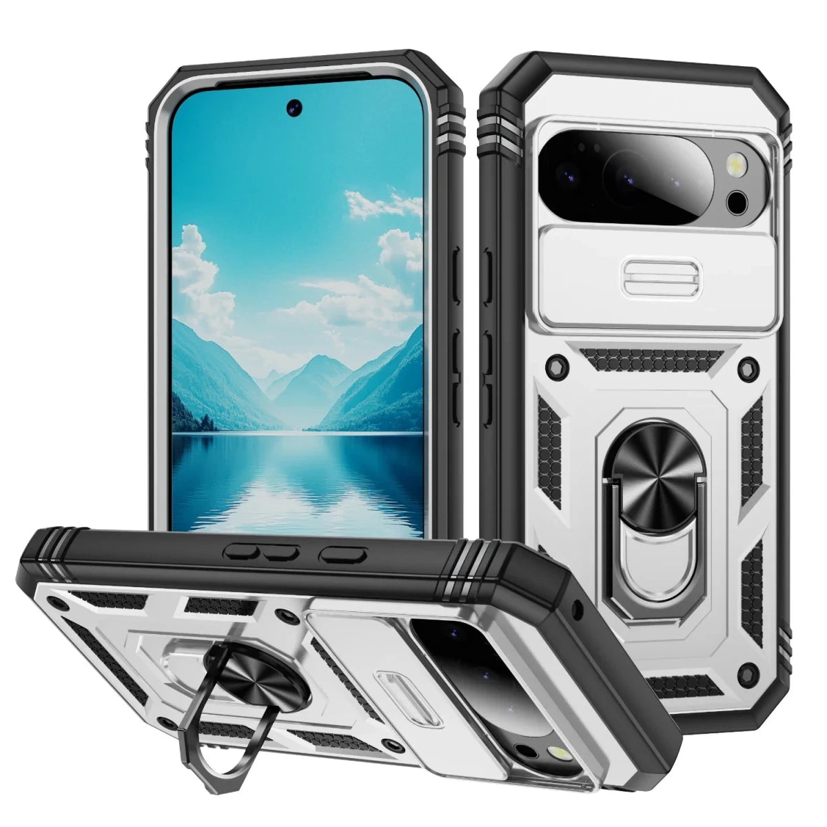 Google Pixel 9 / A / Pro / Pro XL – Stoßfeste Outdoor-Hülle mit Kamera-Schiebeabdeckung und Standfunktion Google Pixel 9 / A / Pro / Pro XL – Stoßfeste Hülle mit Kamera-Schiebeabdeckung – Farbe Weiß