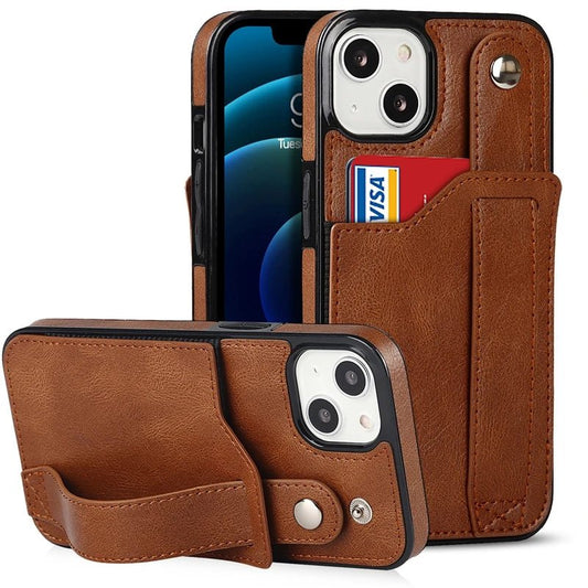 iPhone 13/ Pro/ Mini/ Pro Max - Elegante Schutz Hülle mit Armband und Kartenfach Apple iphone 13 pro max 13 mini elegante trend schutz handy hülle band kartenfach trend modern neu online kaufen bestellen leder cover case dunkel braun Handy Schutz Hülle online kaufen günstig bestellen