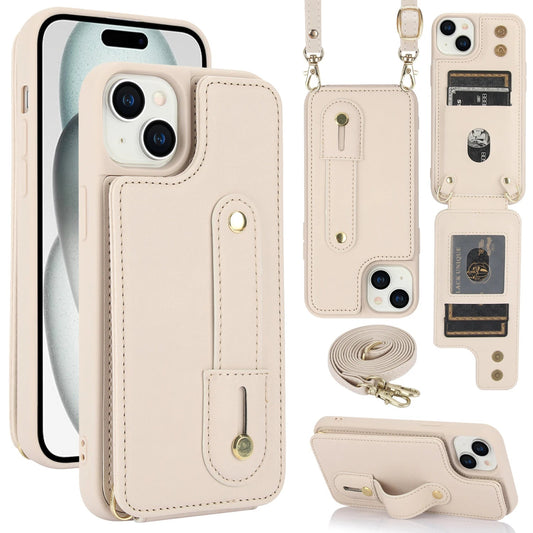 iPhone 15/ Pro/ Plus/ Pro Max - Cross Body Armband Hülle mit Halskette und Kartenfach Apple iphone 15 pro max 15 plus crossbody umhänge mit kette schutzhülle band kartenfach trend modern neu online kaufen bestellen leder cover case kette weiß beige Handy Schutz Hülle online kaufen günstig bestellen