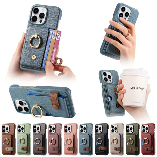 iPhone 15/ Pro/ Plus/ Pro Max - Lederoptik Schutz Hülle Kartenfach und Ring Handy Schutz Hülle online kaufen günstig bestellen