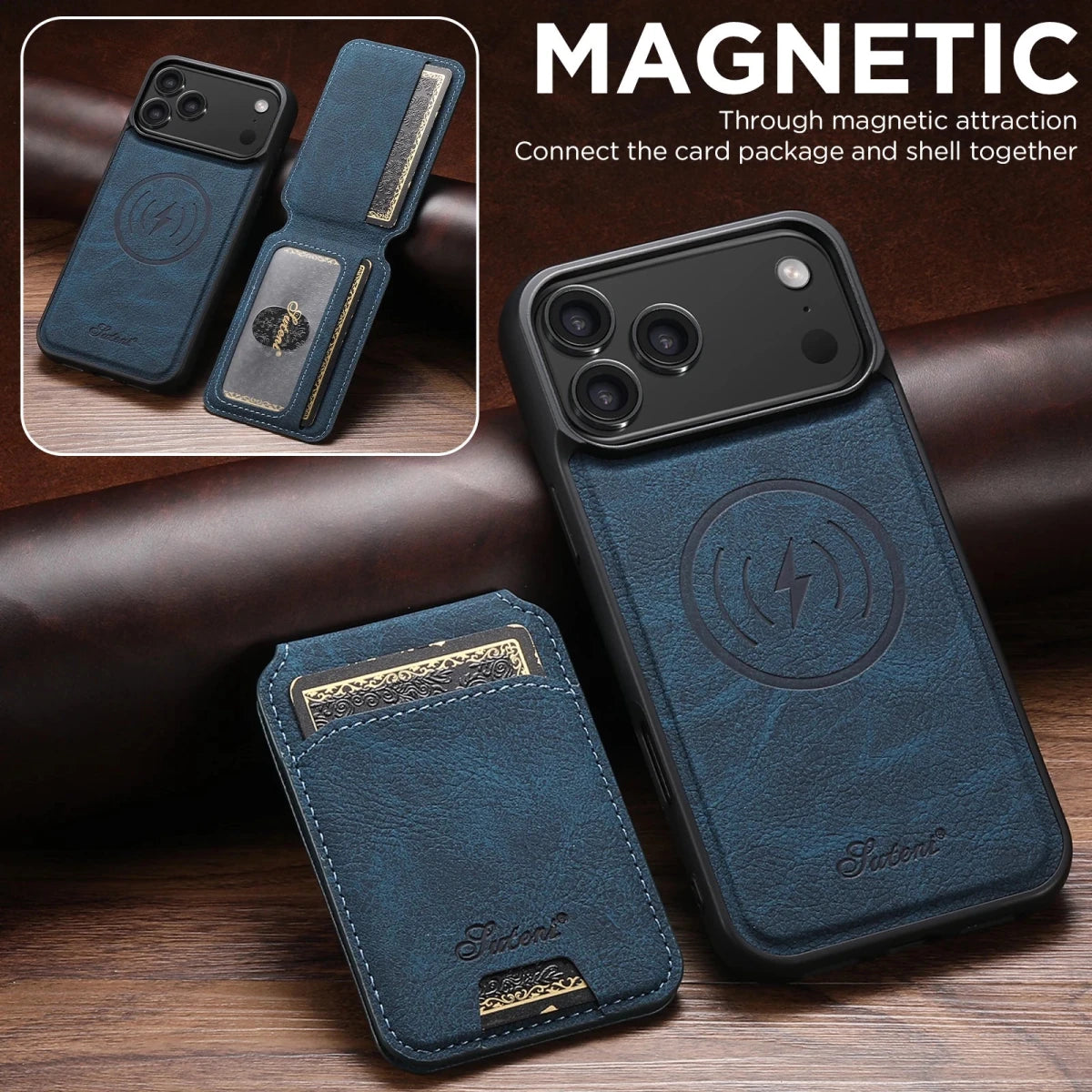 iPhone 16 / Plus / Pro / Pro Max / 16e – Magnetische Hülle mit Kartenfach in Lederoptik SUTENI Handyhülle für die iPhone 16 Familie mit Standfunktion