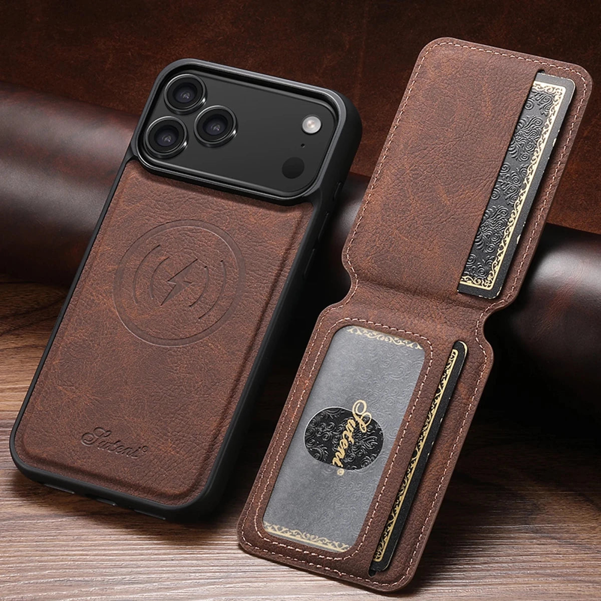 iPhone 16 / Plus / Pro / Pro Max / 16e – Magnetische Hülle mit Kartenfach in Lederoptik SUTENI PU-Kunstleder-Handyhülle in Lederoptik für iPhone 16 Modelle