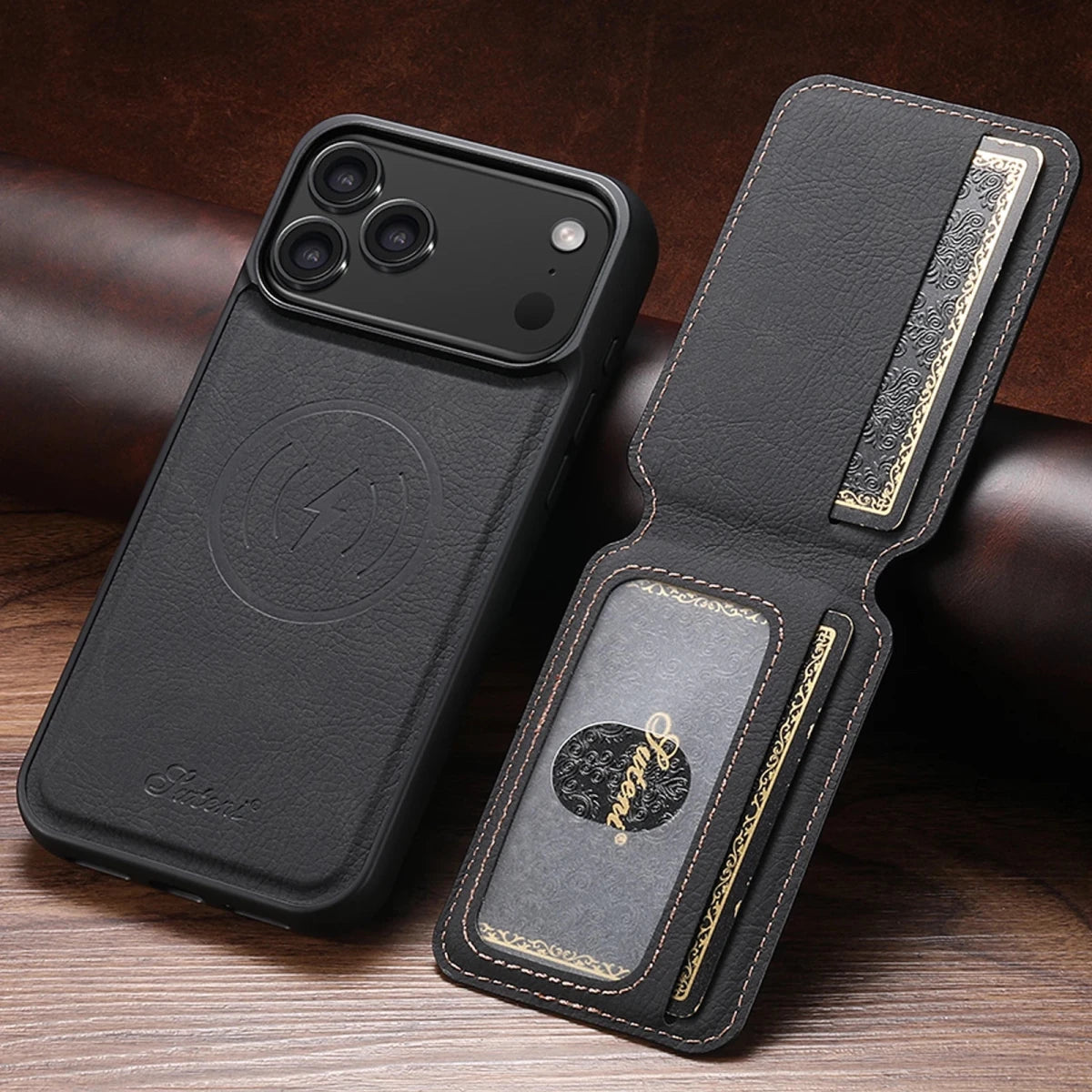 iPhone 16 / Plus / Pro / Pro Max / 16e – Magnetische Hülle mit Kartenfach in Lederoptik iPhone 16 Hülle mit magnetischem Kartenfach – Produktansicht