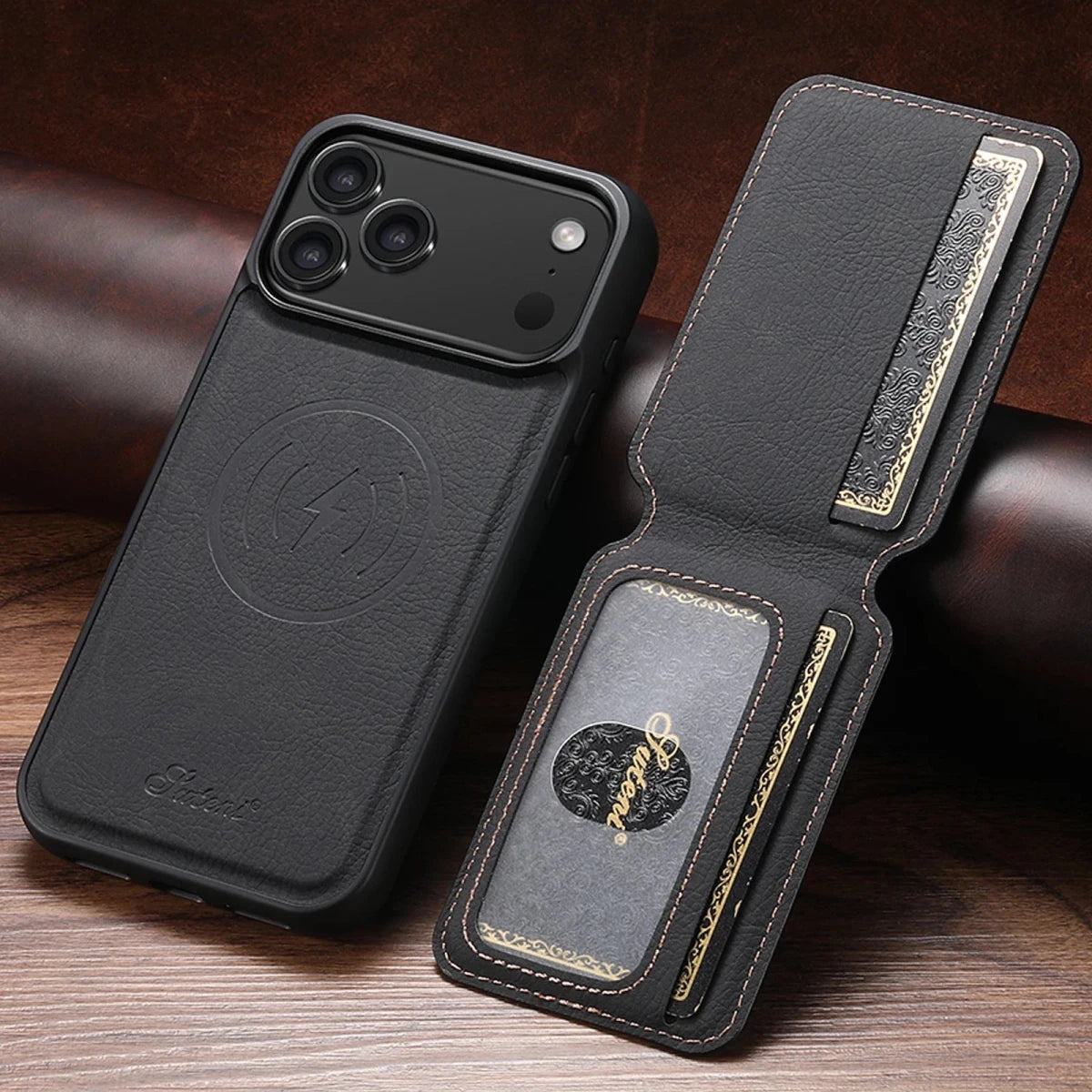 iPhone 17 / Air / Pro / Pro Max – Magnetische Hülle mit Kartenfach in Lederoptik iPhone 17 magnetische Hülle mit Kartenhalter – Produktansicht