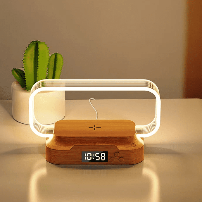LED-Tischlampe mit kabellosem Ladegerät, Uhr & Handyhalter – WR06 WR06 LED-Tischlampe mit digitaler Uhr und kabelloser Smartphone-Ladefläche